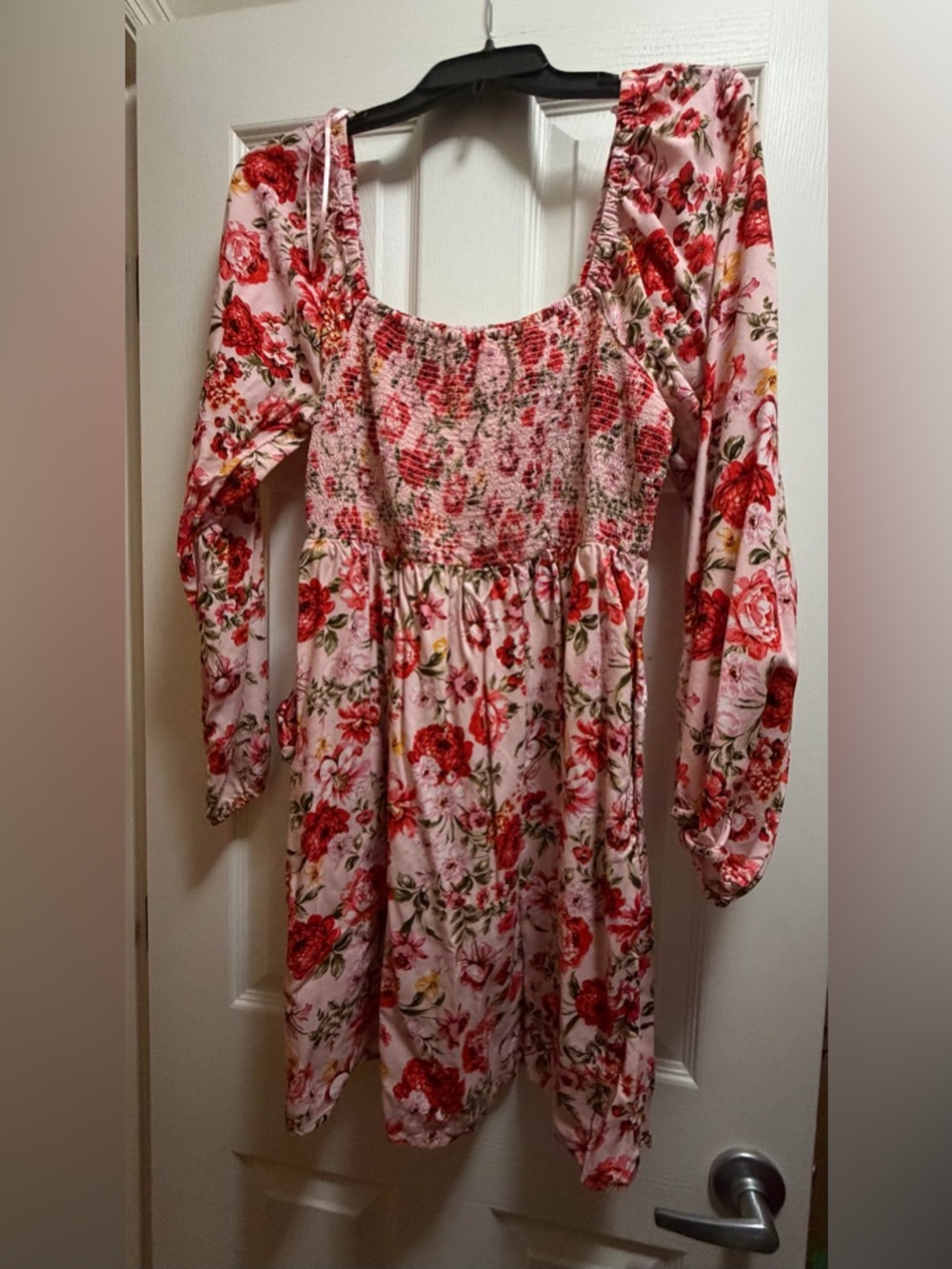 Pink Floral Smocked Long Sleeve Dress